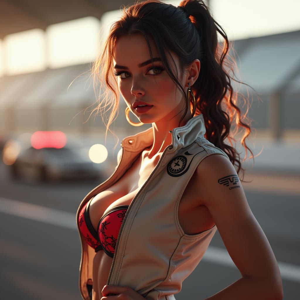 Bikini Reveal at Racetrack: Hyperdetailed Digital Portrait