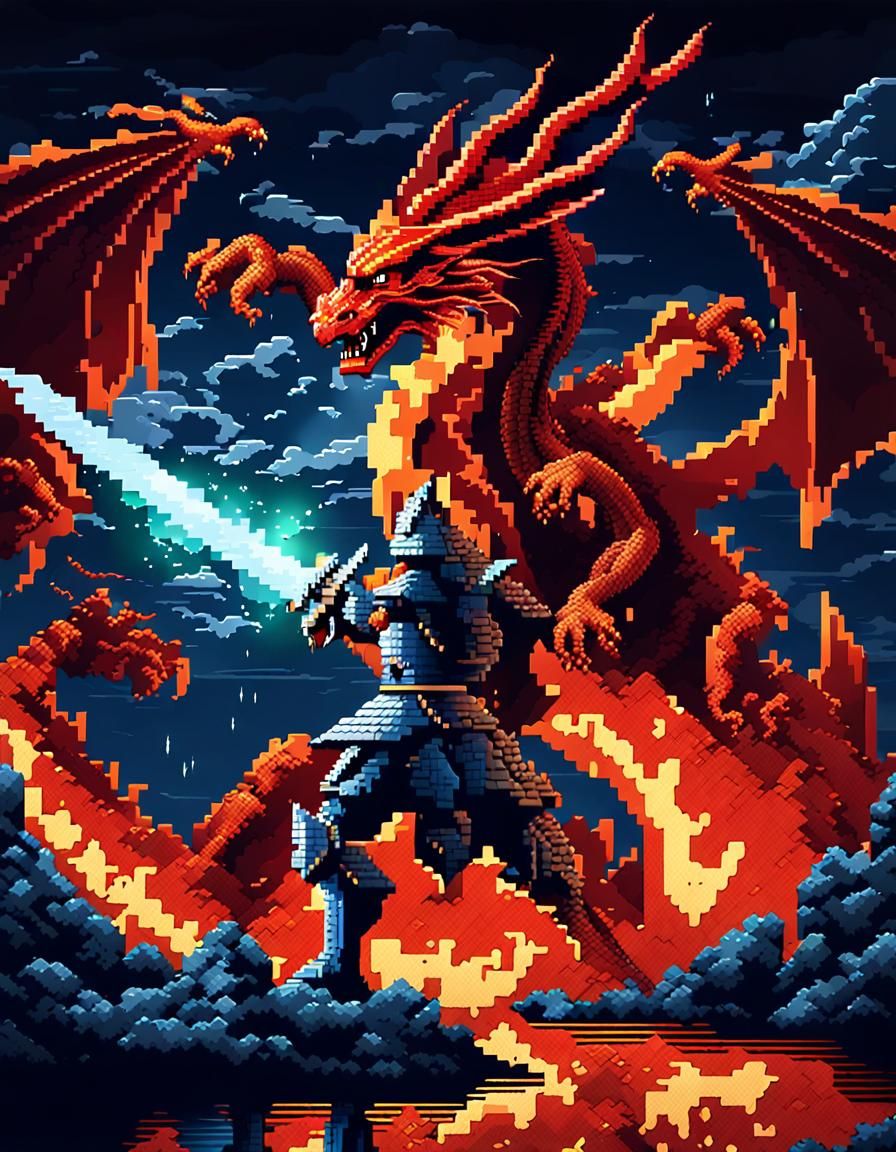Pixel art knight fighting dragon