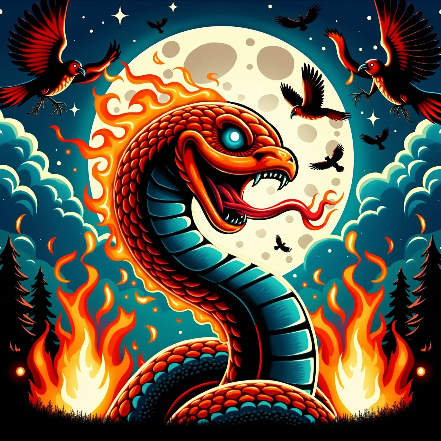 Fiery Serpent Emerges from Inferno in Surreal Style
