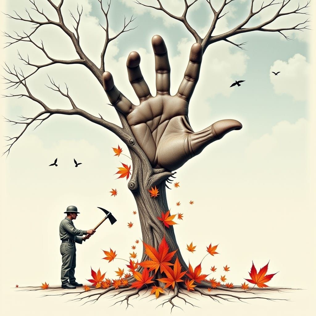 Giant Hand Grasps Tree in Surreal Pencil Sketch