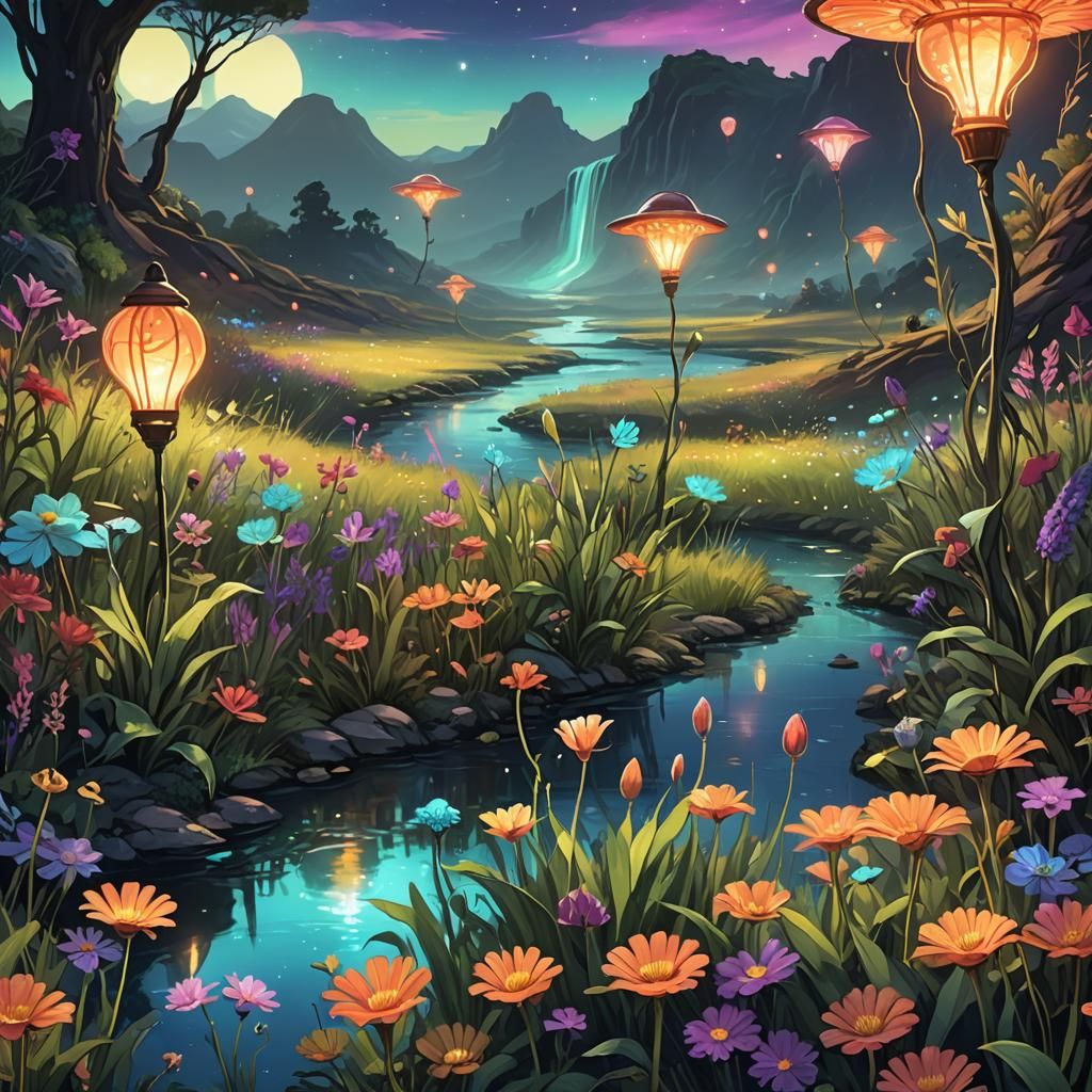 Lush Alien Meadow with Bioluminescent Flora