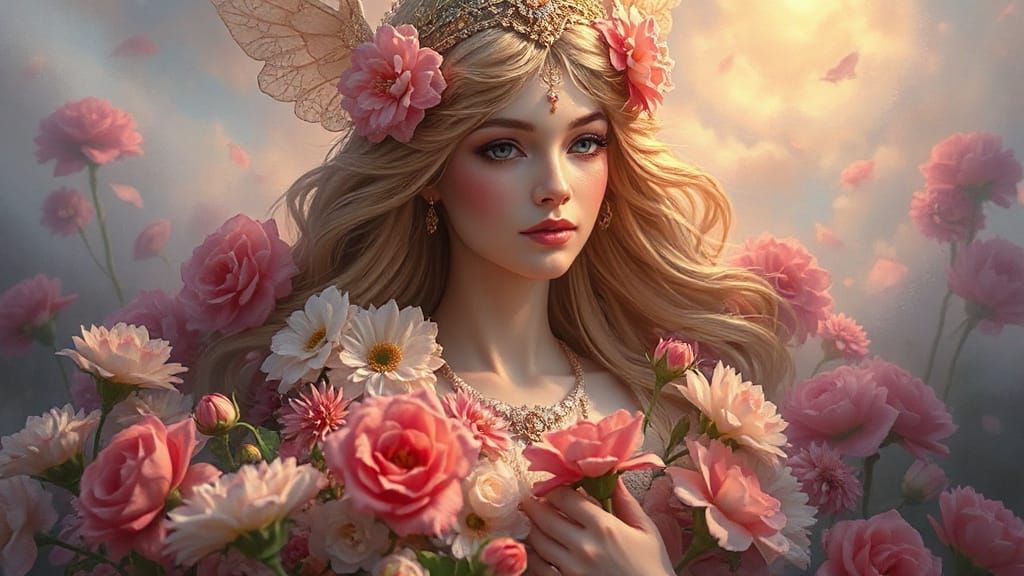 Ethereal Goddess Portrait Surrounded by Flowers