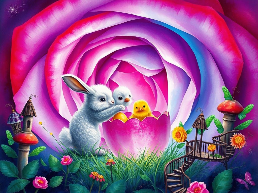 Easter Bunny and Chick in Watercolor Rose Garden