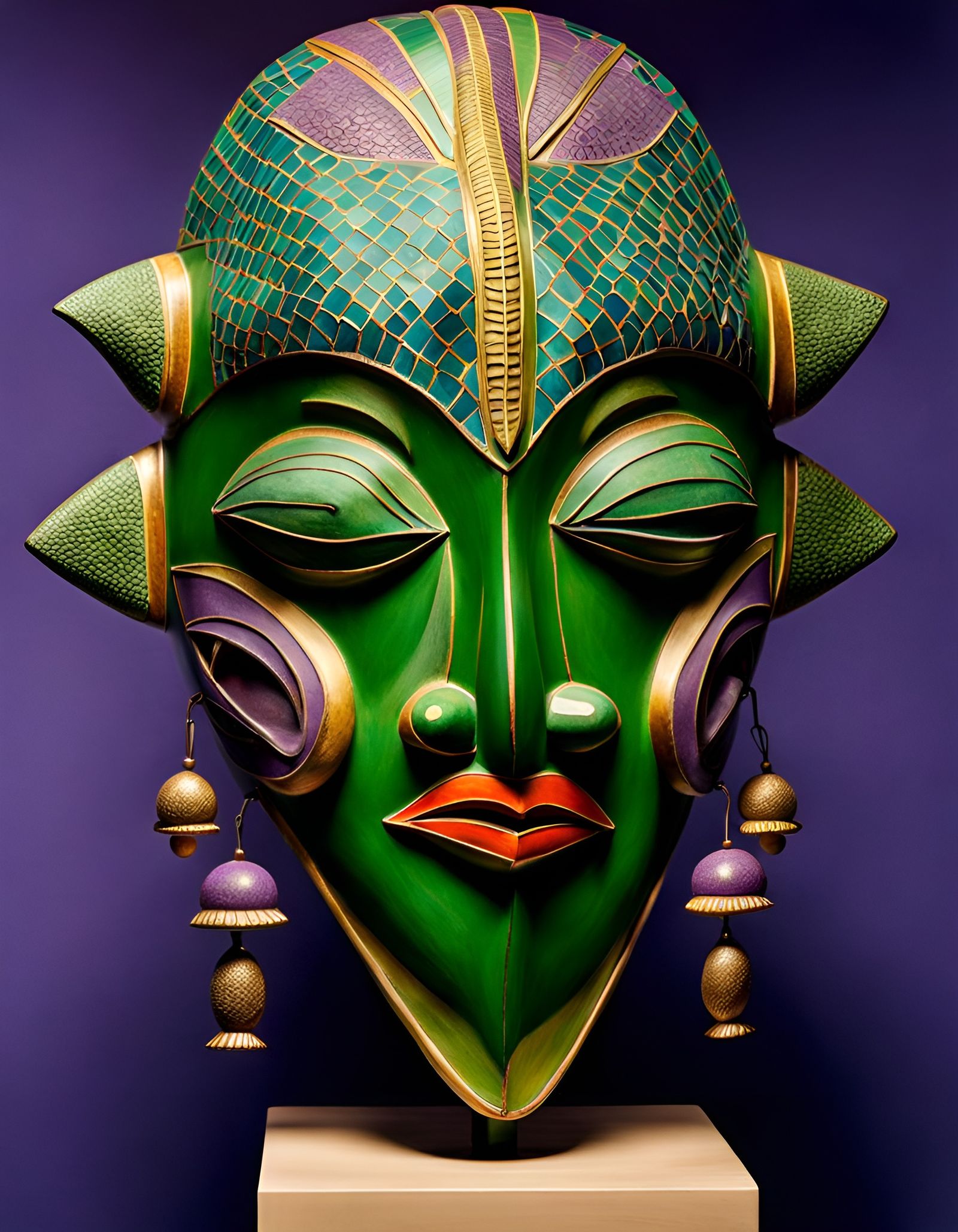Green Fish Sculpture Mask in Cloisonnism Style