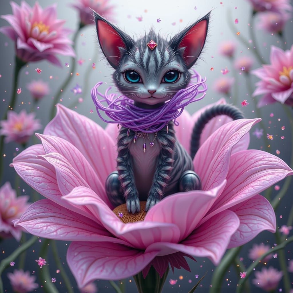 Zebra Cat on Pink Flower in Surreal Style