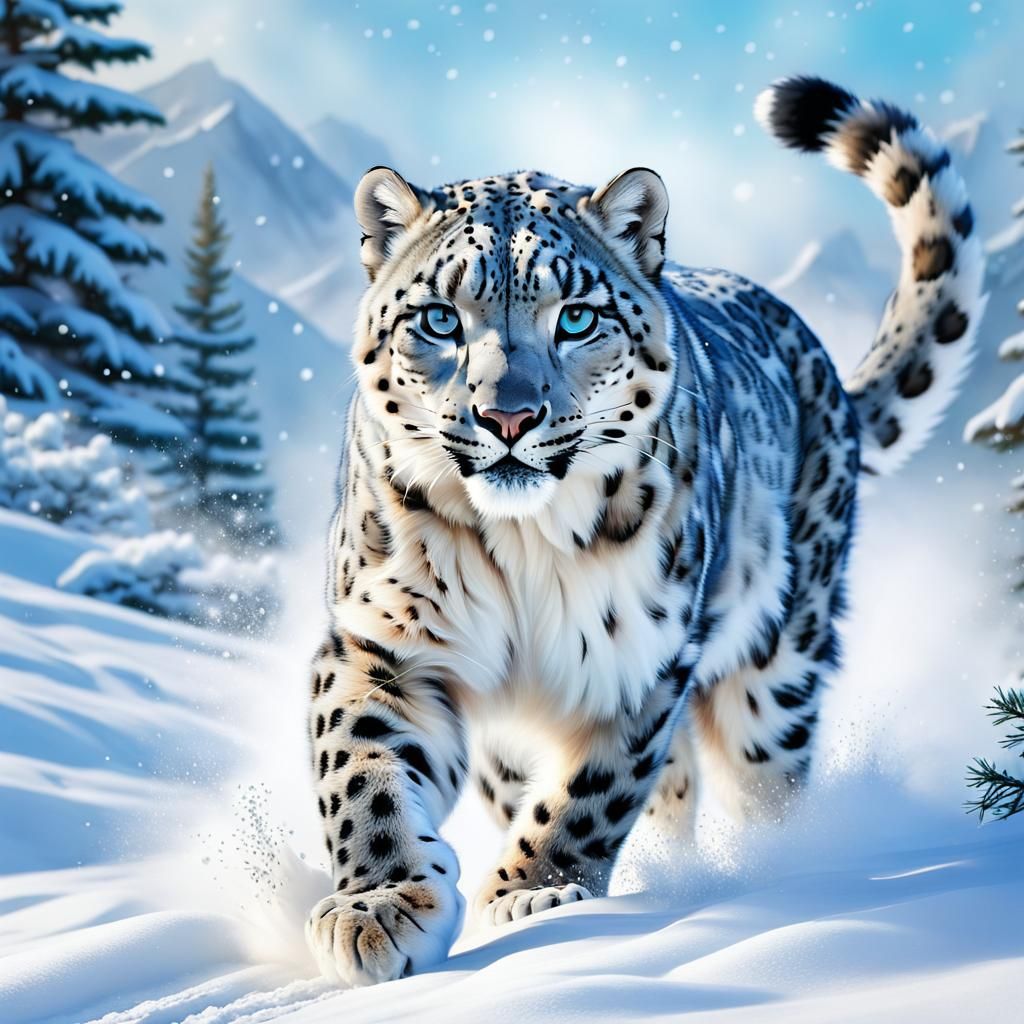Snow Leopard Running in Winter Wonderland