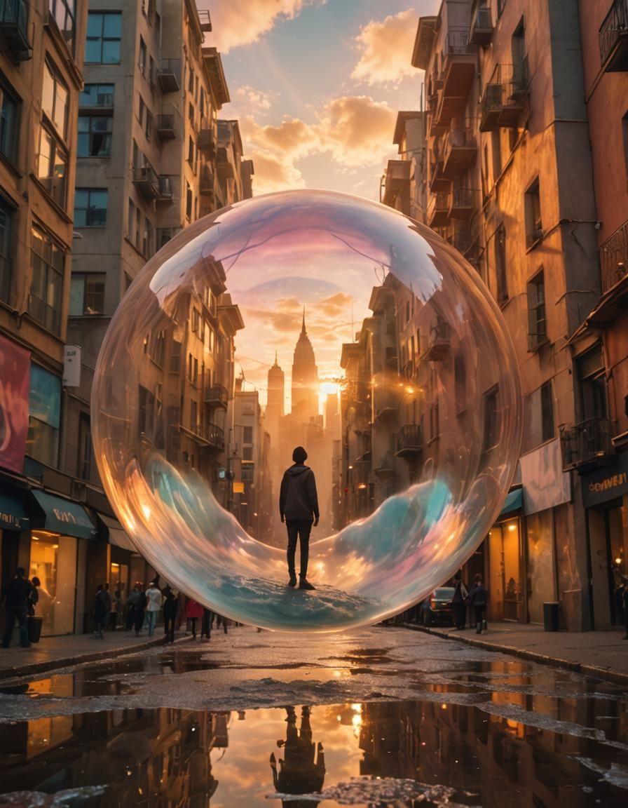 Surreal Person Floats in Bubble Above Melting City