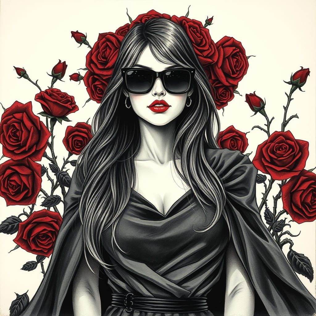 Confident Woman in Charcoal Drawing with Dark Red Roses