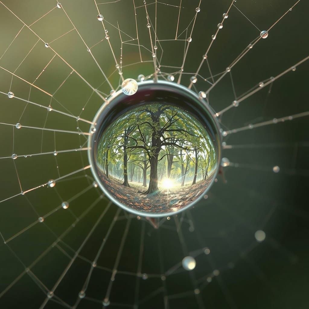 Dewdrop Reflecting Miniature Forest in Hyperrealistic Macro