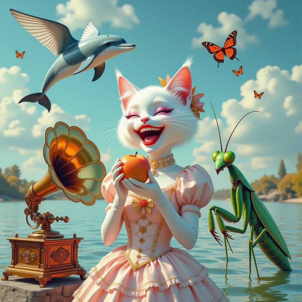 Surreal Cat Girl with Winged Dolphin and Fire Lake