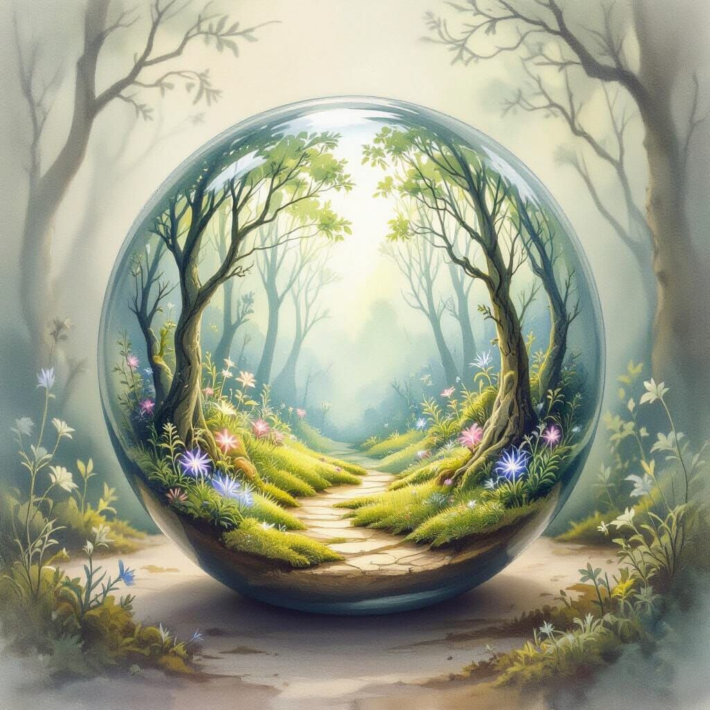 Enchanted Miniature Forest in Glass Orb Watercolor Painting