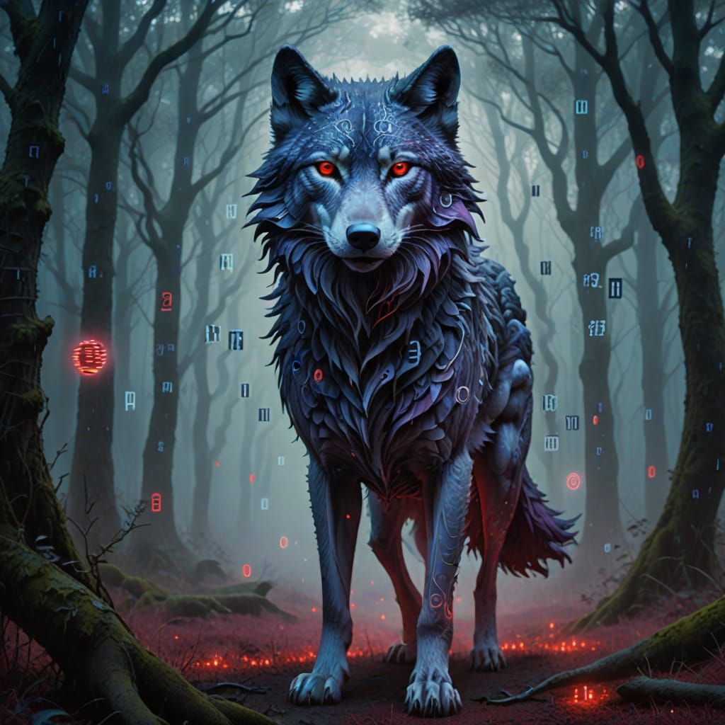 Ethereal Wolf Made of Binary Code in Misty Forest
