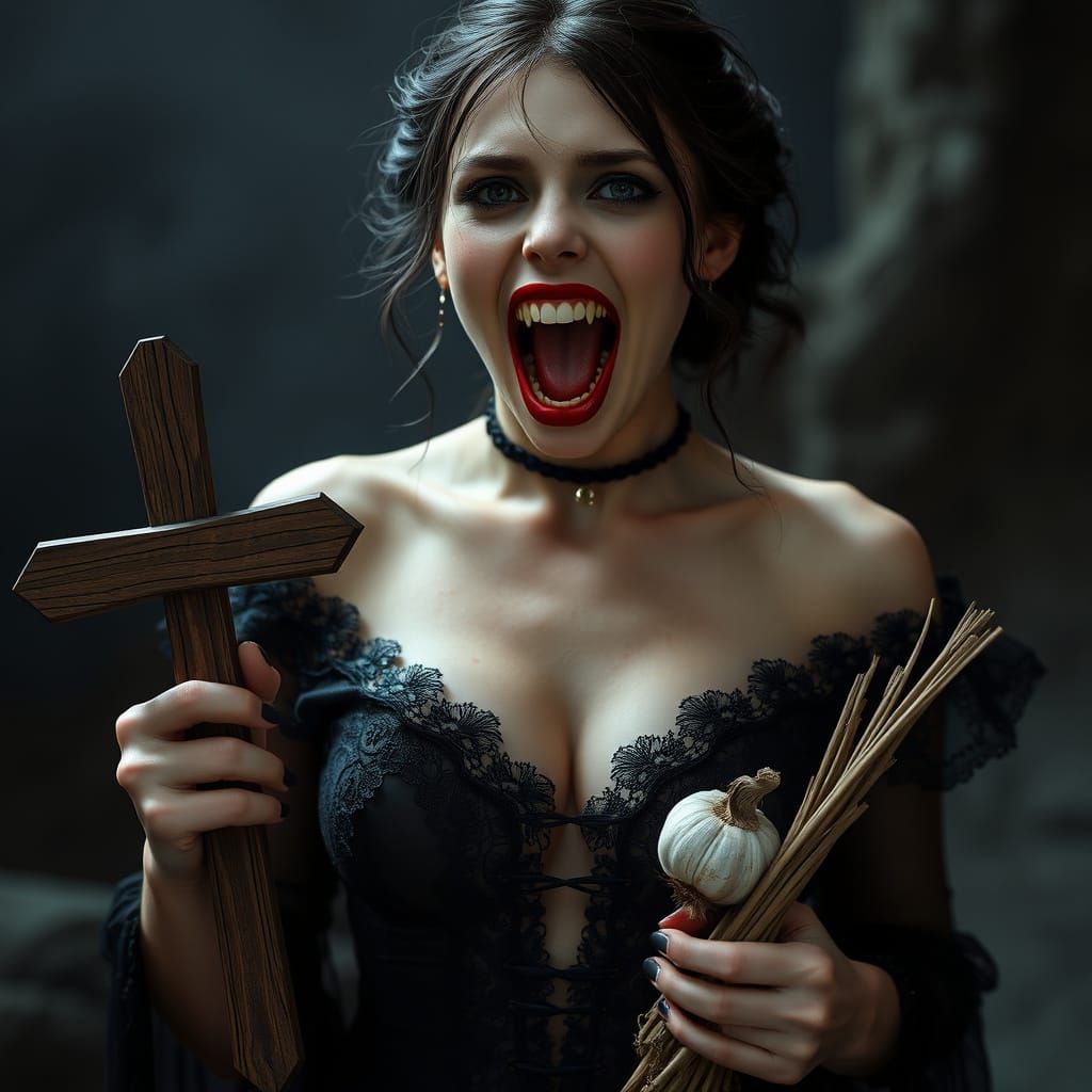 French Vampire in Dark Lace, Revealing Sharp Fangs