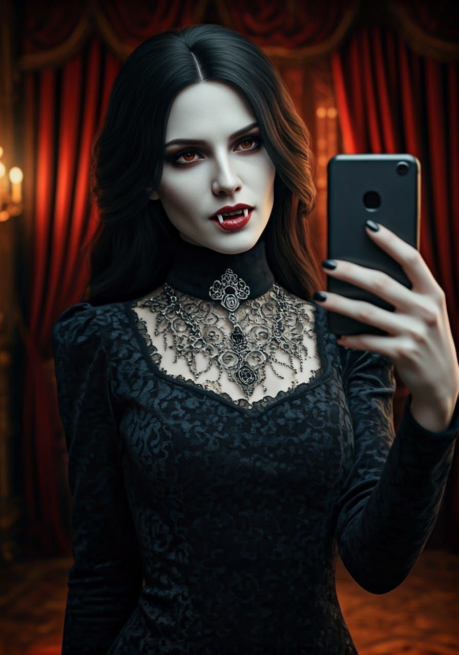 Ethereal Vampire Takes a Selfie in Victorian-Style Velvet