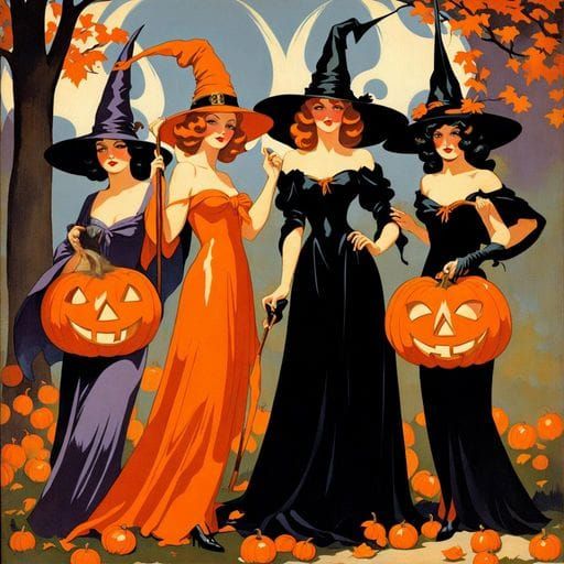 Vintage Witches in Halloween Village