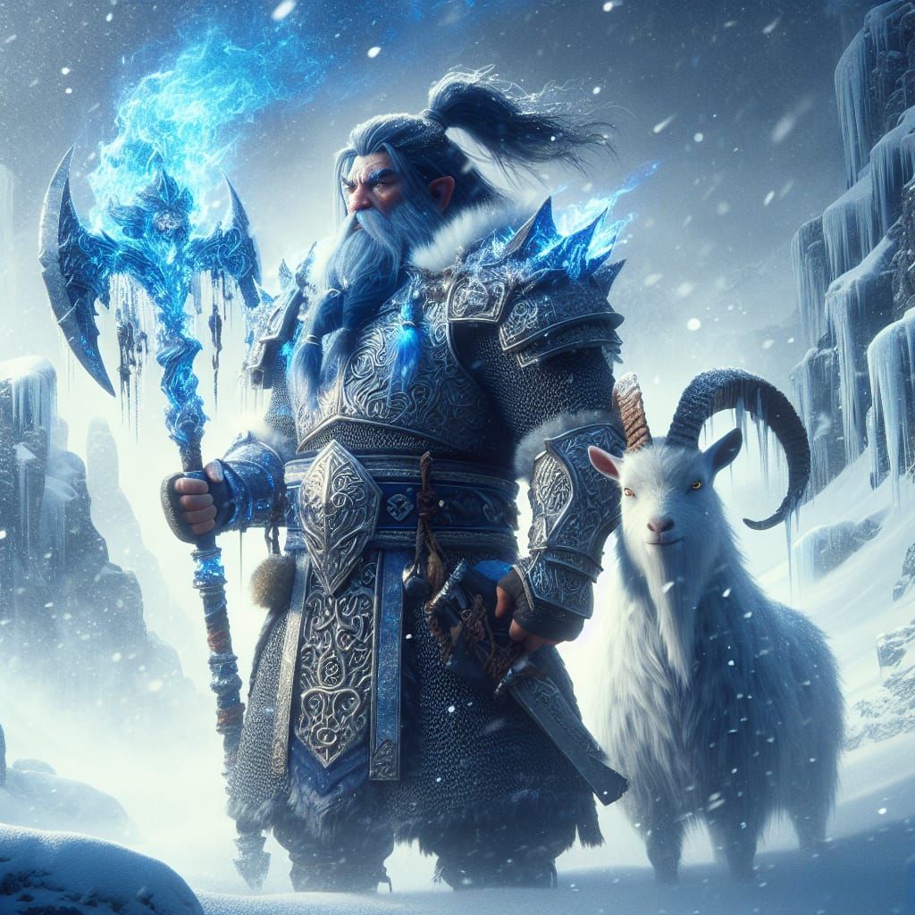 Fearsome East Asian Dwarf Wields Blue Flaming Axe in Snowy B...