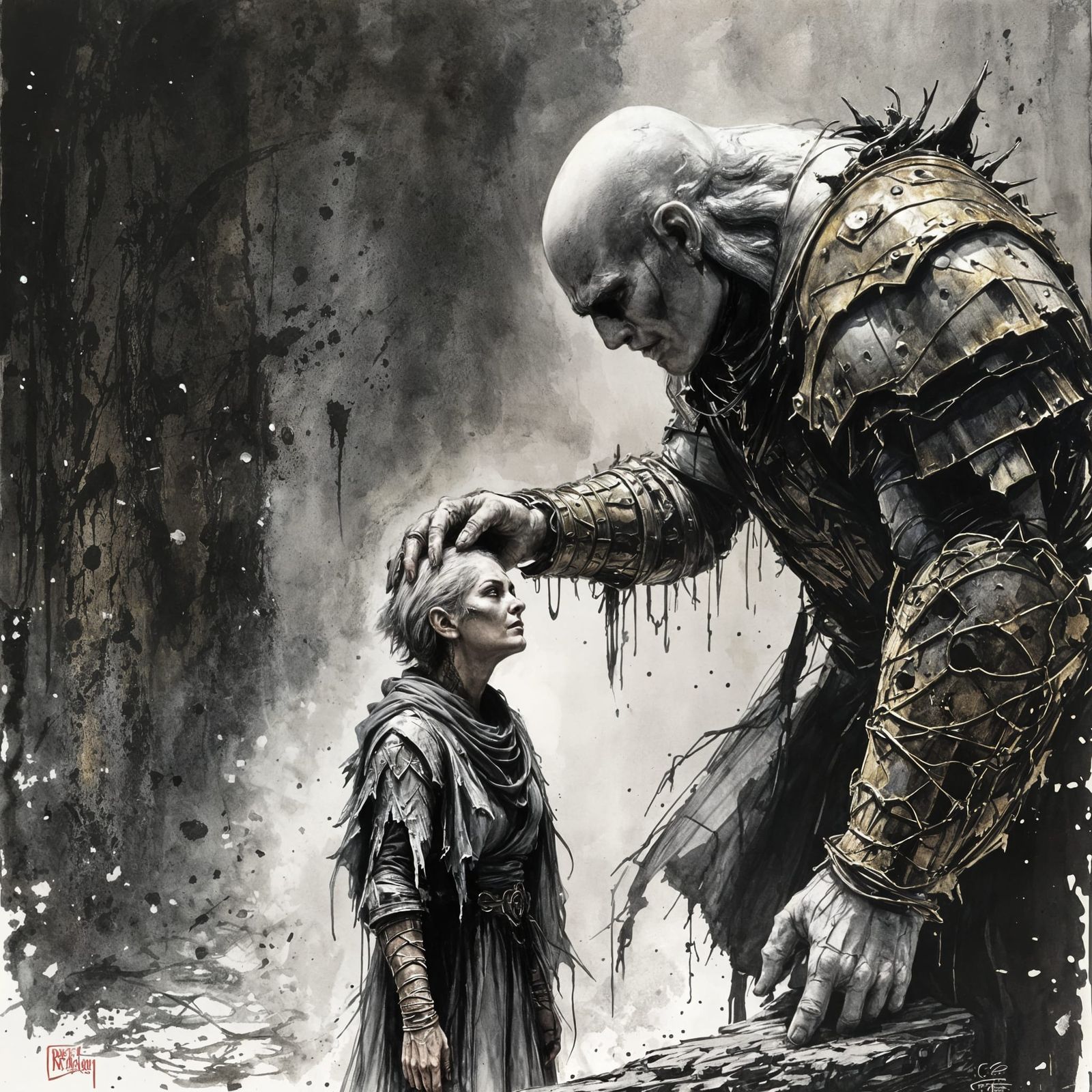 D&D Paladin Comforts Halfling in Ink Drawing