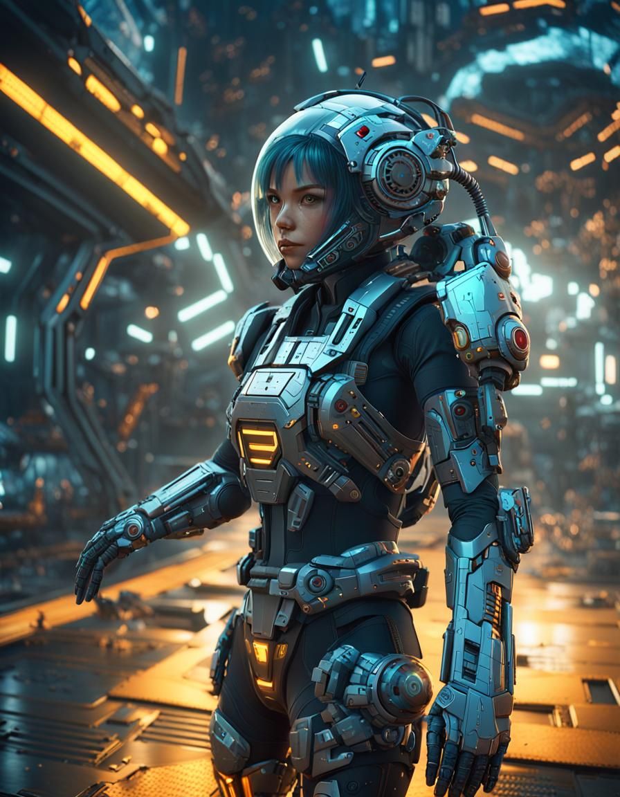 Cyberpunk Cyborg Pilot in Detailed Sci-Fi Scene