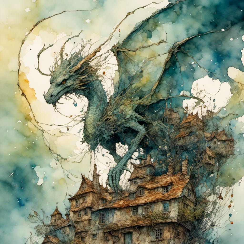 Whimsical Dragon in Flight Over Village, Digital Art