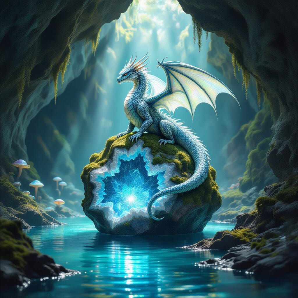 Crystalline Dragon on Geode in Bioluminescent Cavern