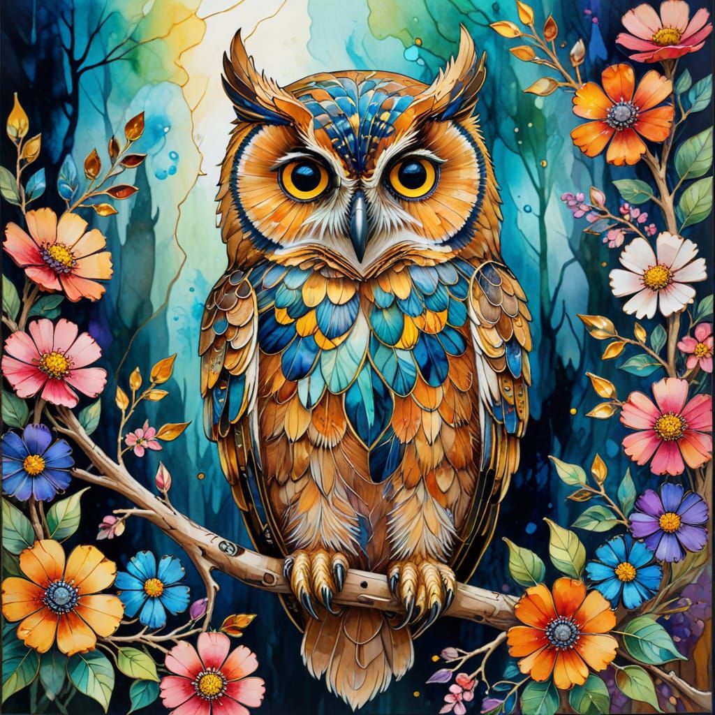 Textured Alcohol Ink Owl Painting with Stained Glass Effect