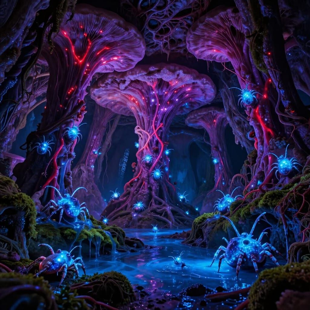 Bioluminescent Cavern with Luminous Ticks