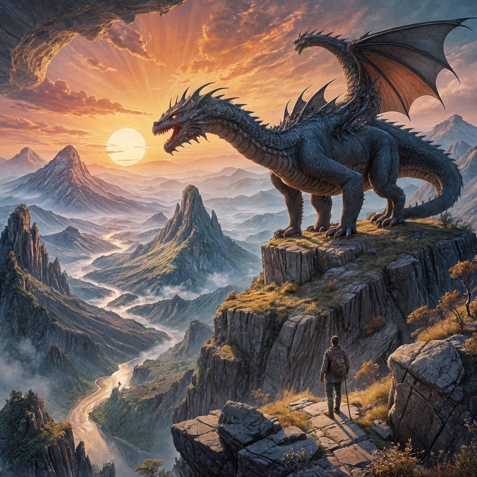 Traveler Gazes at Dragon on Mountain Peak in Twilight