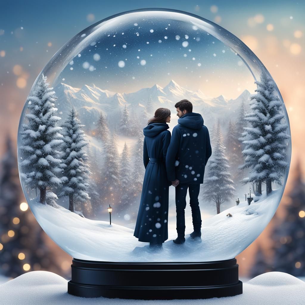 Lovers Embrace in Winter Snow Globe