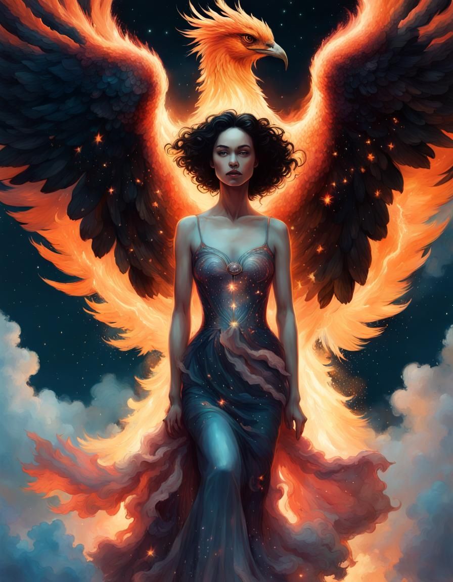 Fiery Phoenix Woman in Dreamy Digital Art