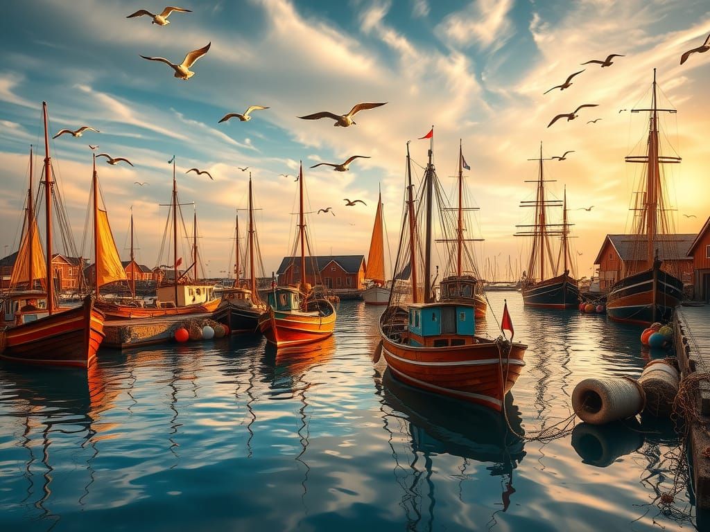 Vibrant 19th-Century Harbor Scene at Golden Hour