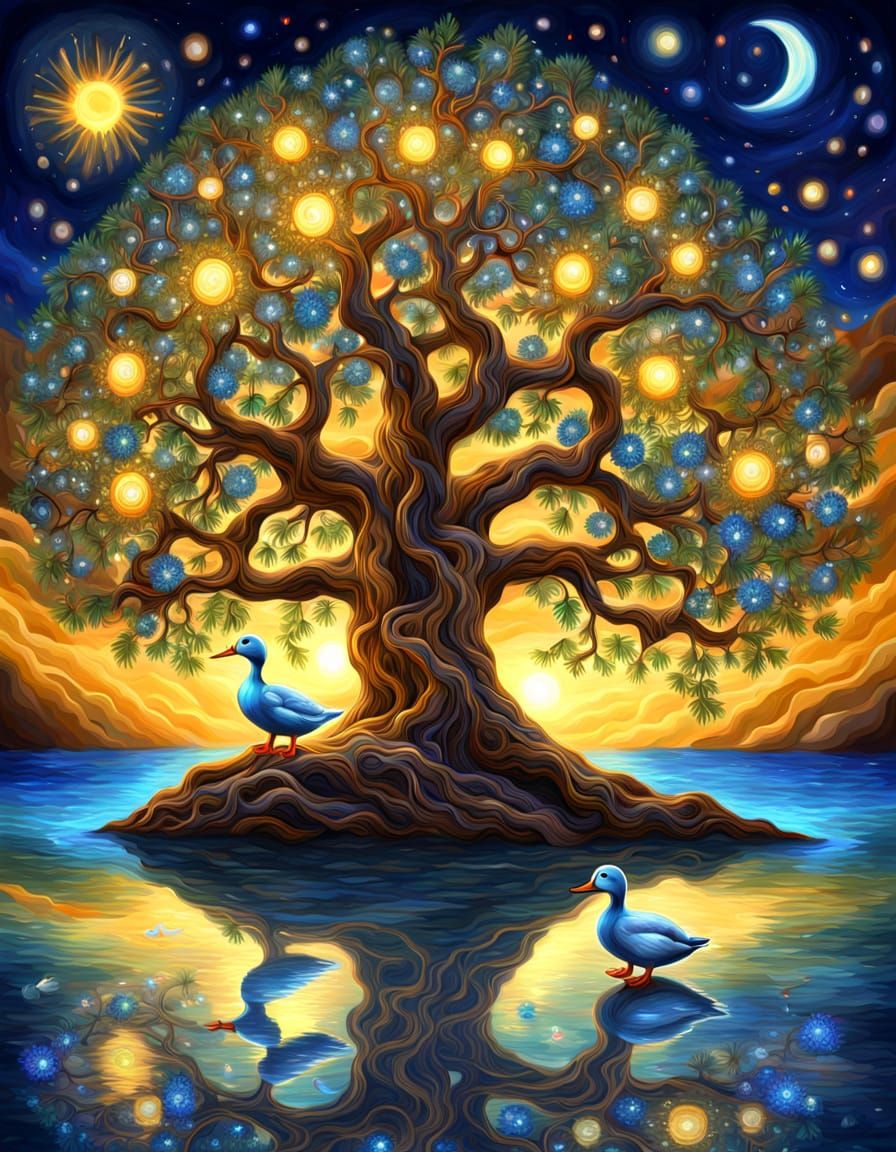 Surreal Tree of Life Scene with Mother-of-Pearl and Gold Ref...