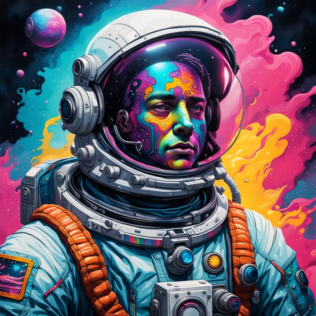 Astronaut Face Sees God in Cyberpunk Dreamscape