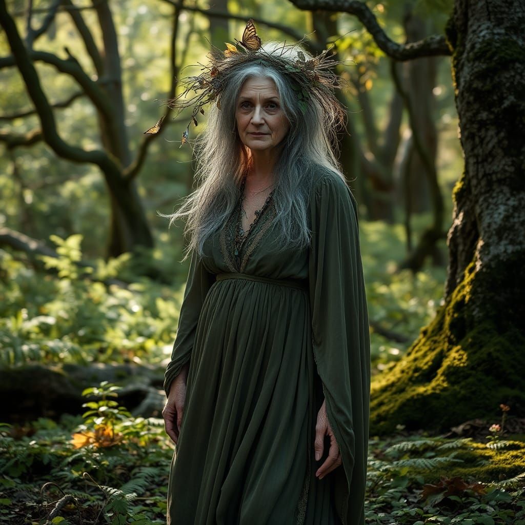 Woodland Woman in Moss Gown, Hyperrealistic Style