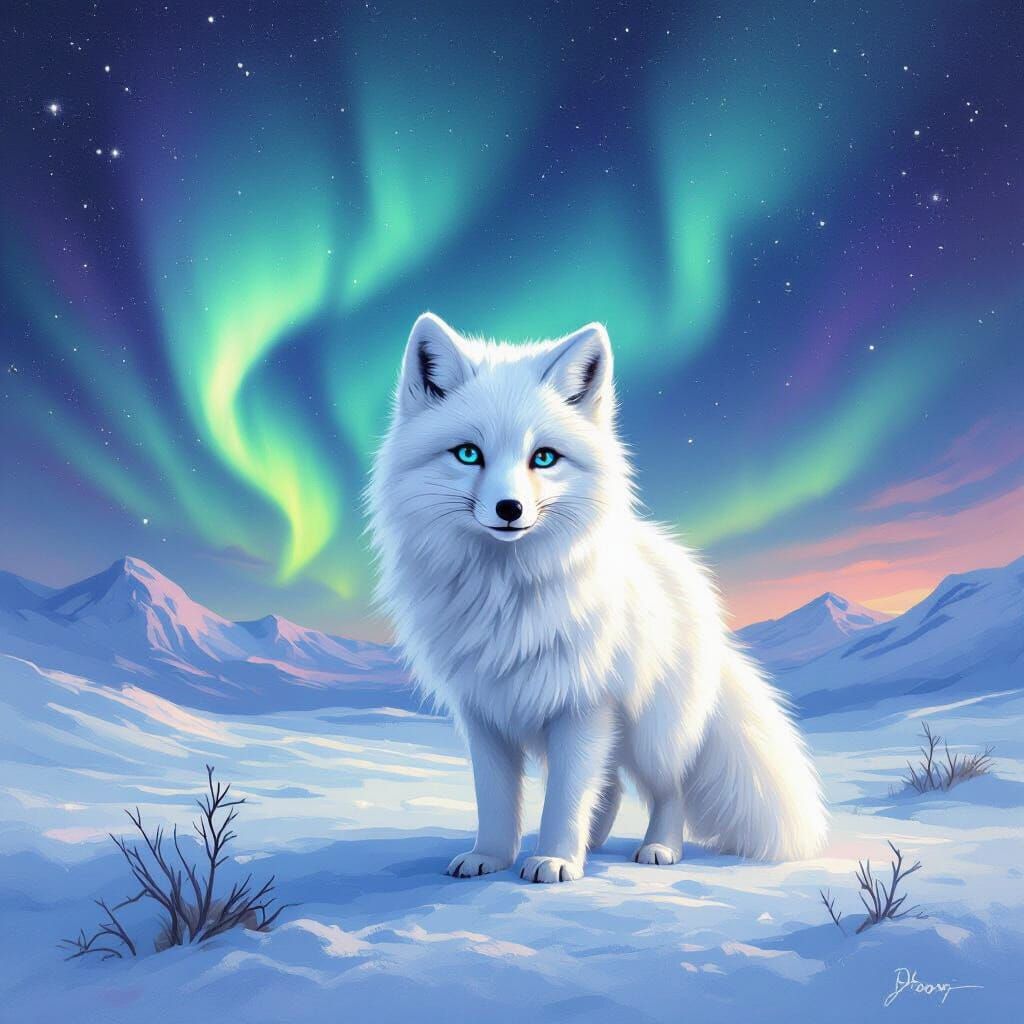 Arctic Fox Under Aurora Borealis in Painterly Style