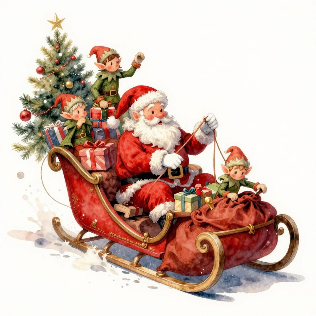 Fairytale Christmas Elves Loading Santa's Sledge in Watercol...