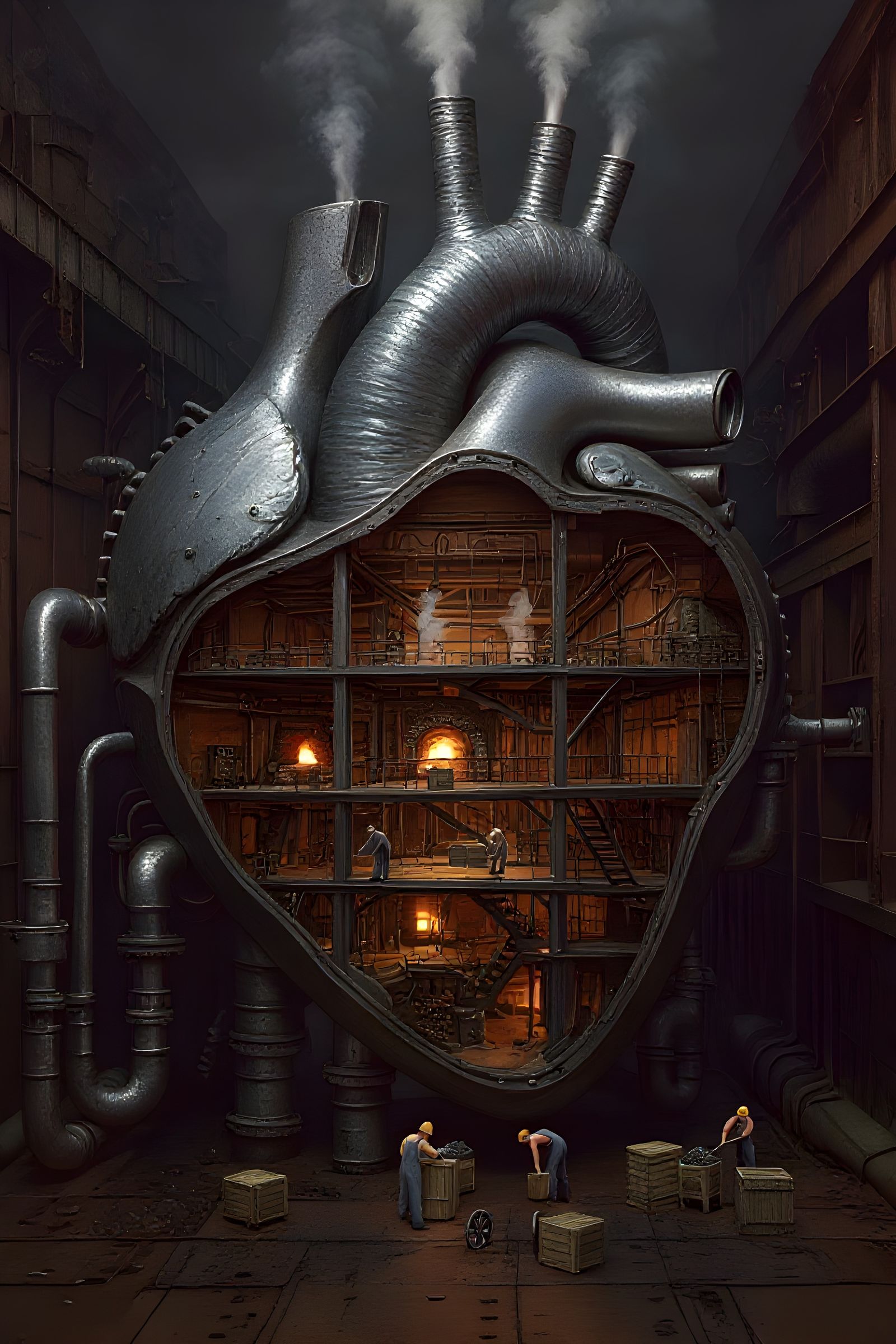 Steampunk Robot Heart Factory with Human Workers