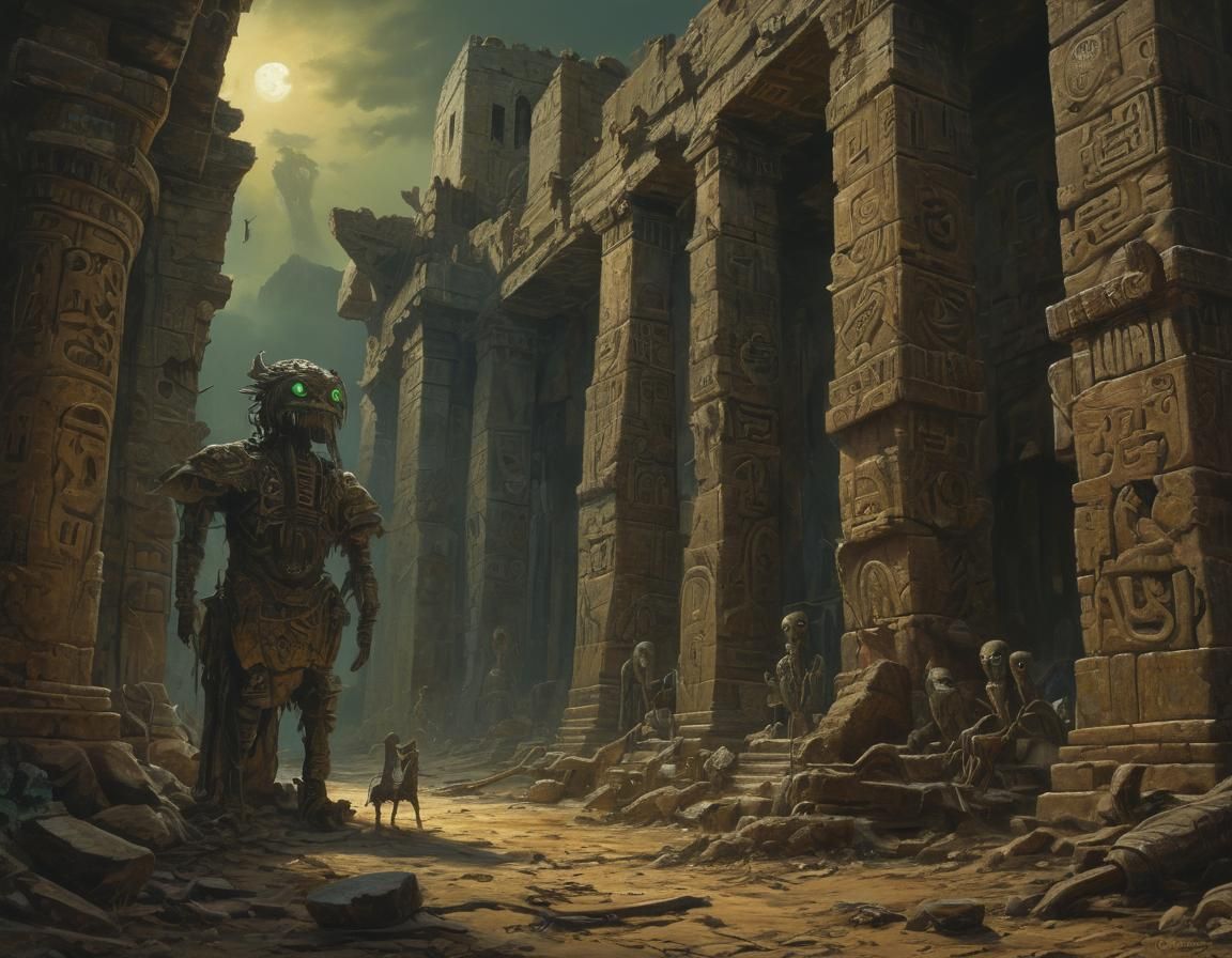 Eerie Creatures Emerge from Ruins: Oil Painting