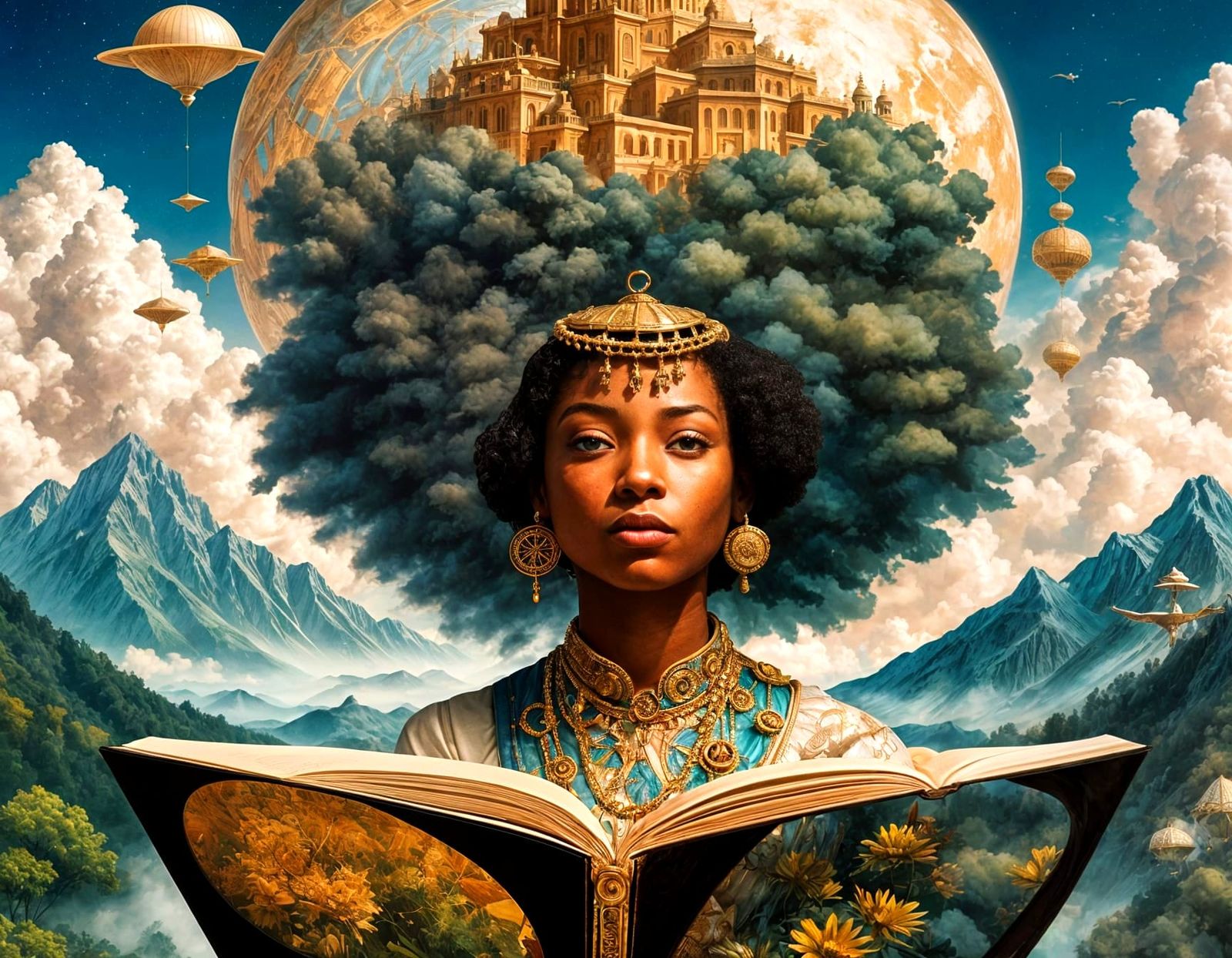 Afrofuturistic Figure on Giant Book Over Dreamscape