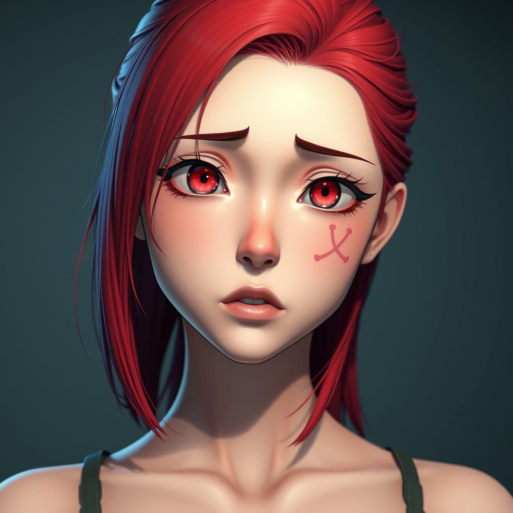 Crimson-Haired Woman in Detailed 3D Anime Style