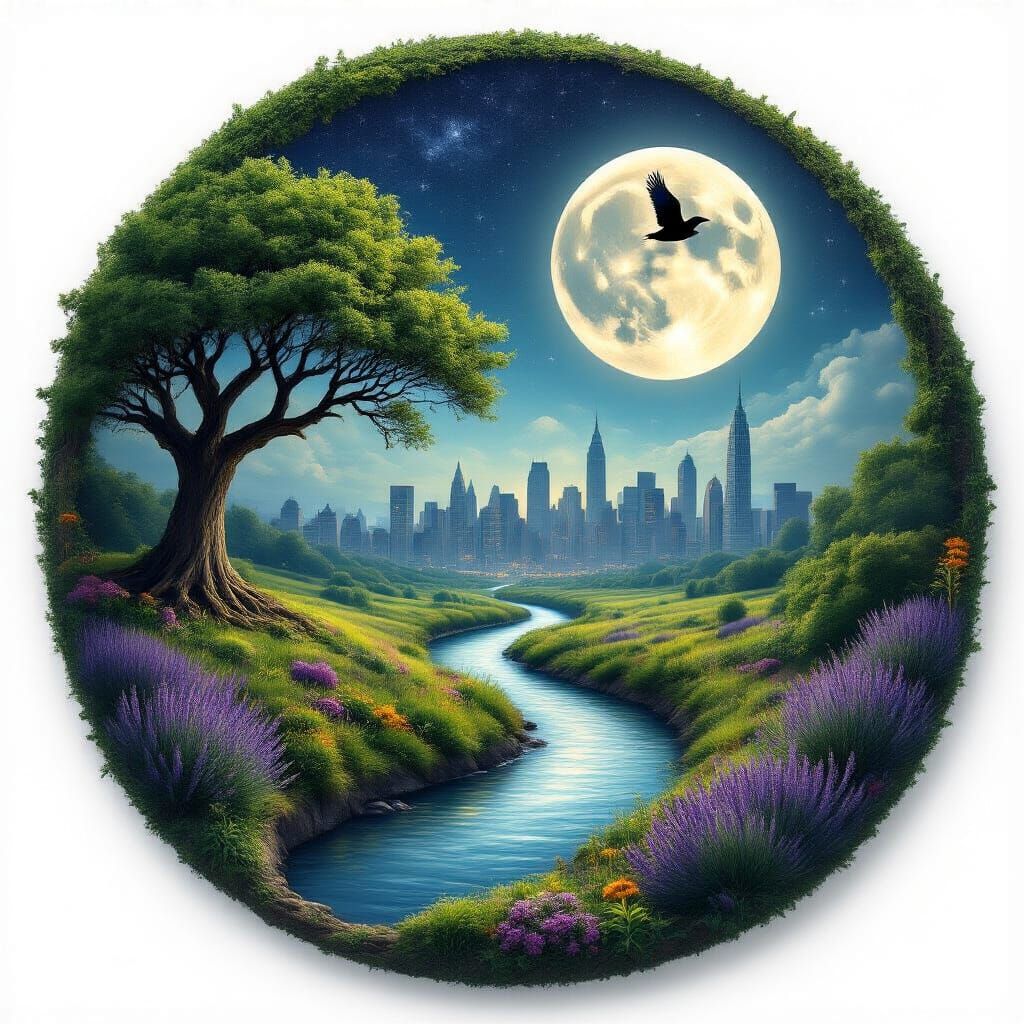 Surreal Circular Earth Landscape with Moon and City