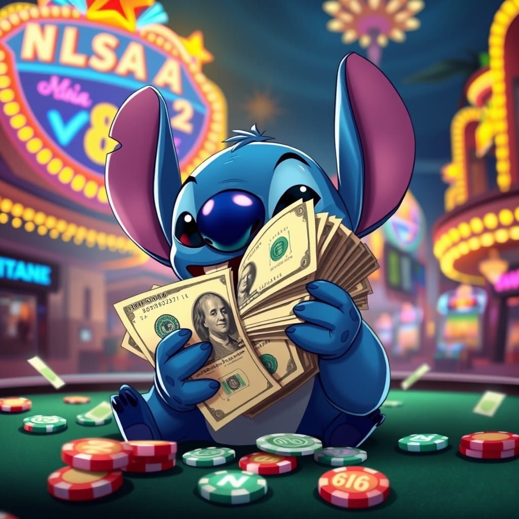 Stitch Shuffling Money in Las Vegas Casino