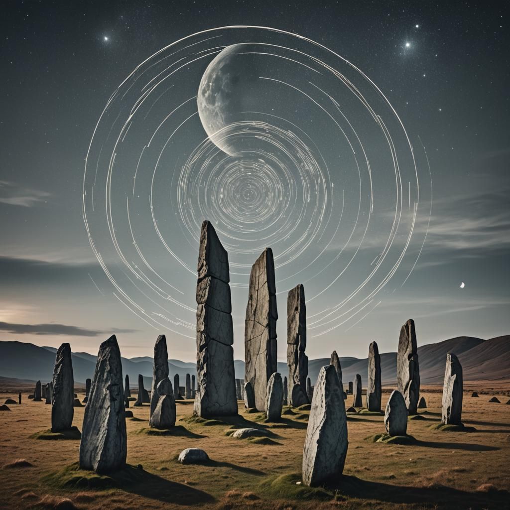 Autumnal Equinox Standing Stones in Retrofuturistic Style