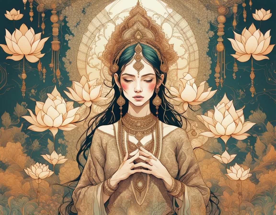 Intricate Golden Lotus Flower Digital Painting