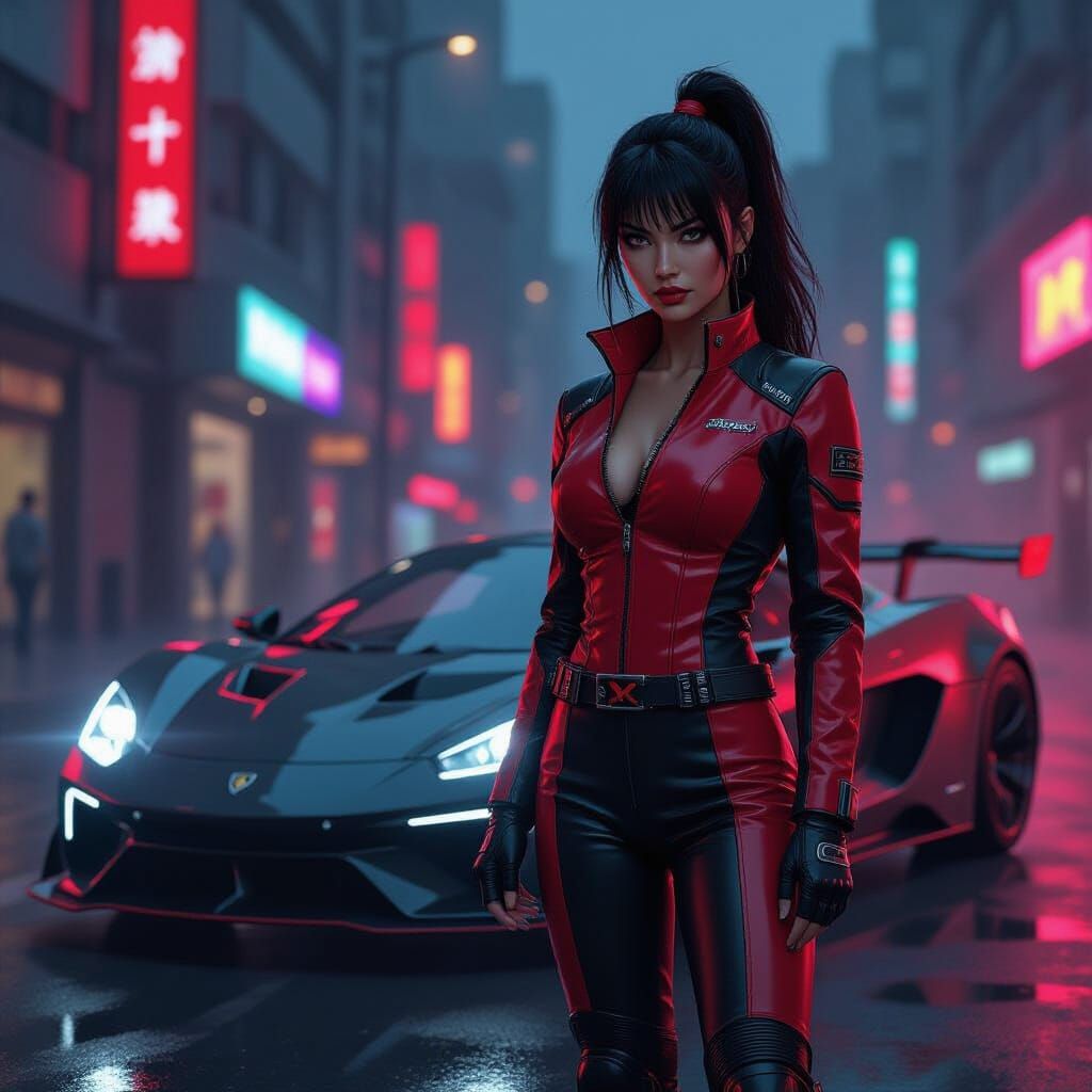 Street Racer Woman in Red Black Leather, Futuristic Car