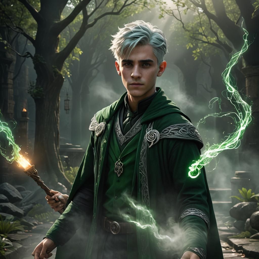 Mystical Slytherin Wizard Casting Spell, Digital Matte Paint...