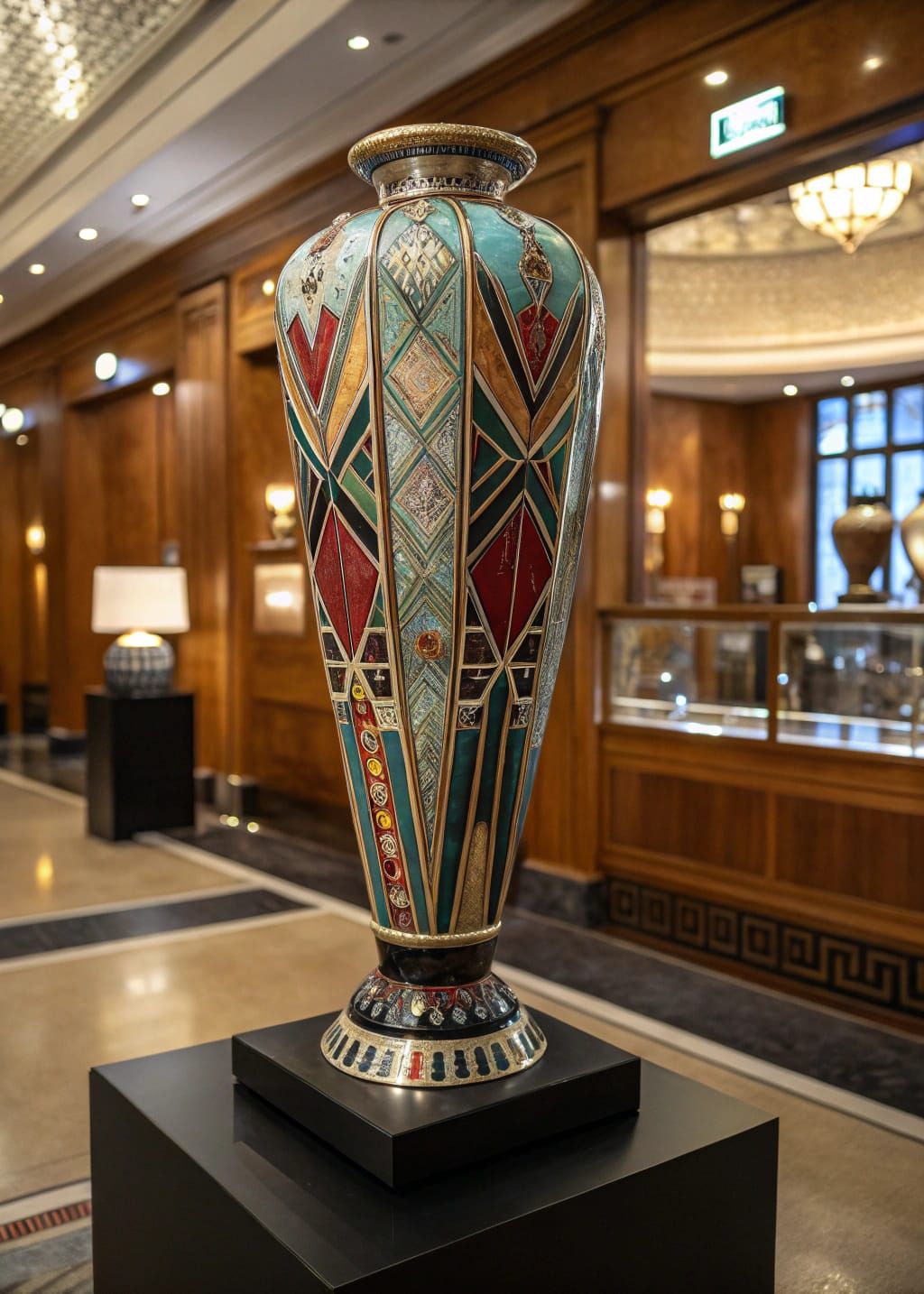 Luxurious Art Deco Glass Sculpture in Opulent Museum Setting