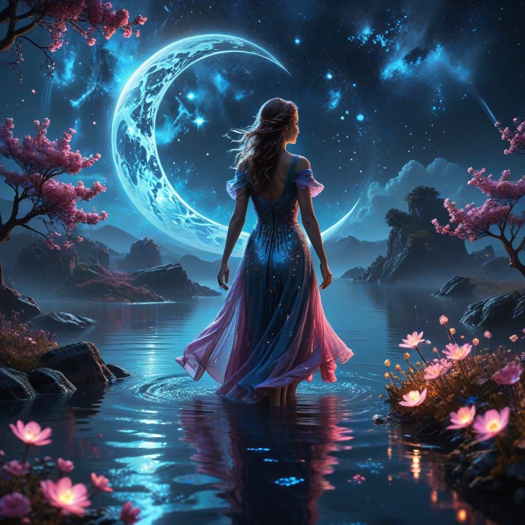 Mystical Woman Walks on Water Under Luminous Moon