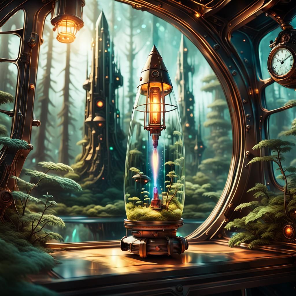 Steampunk-inspired glass rocket, showcasing a bustling ecosystem within its transparent walls.