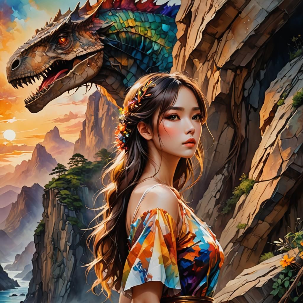 Anime Woman and Dinosaur Head in Fantasy Landscape