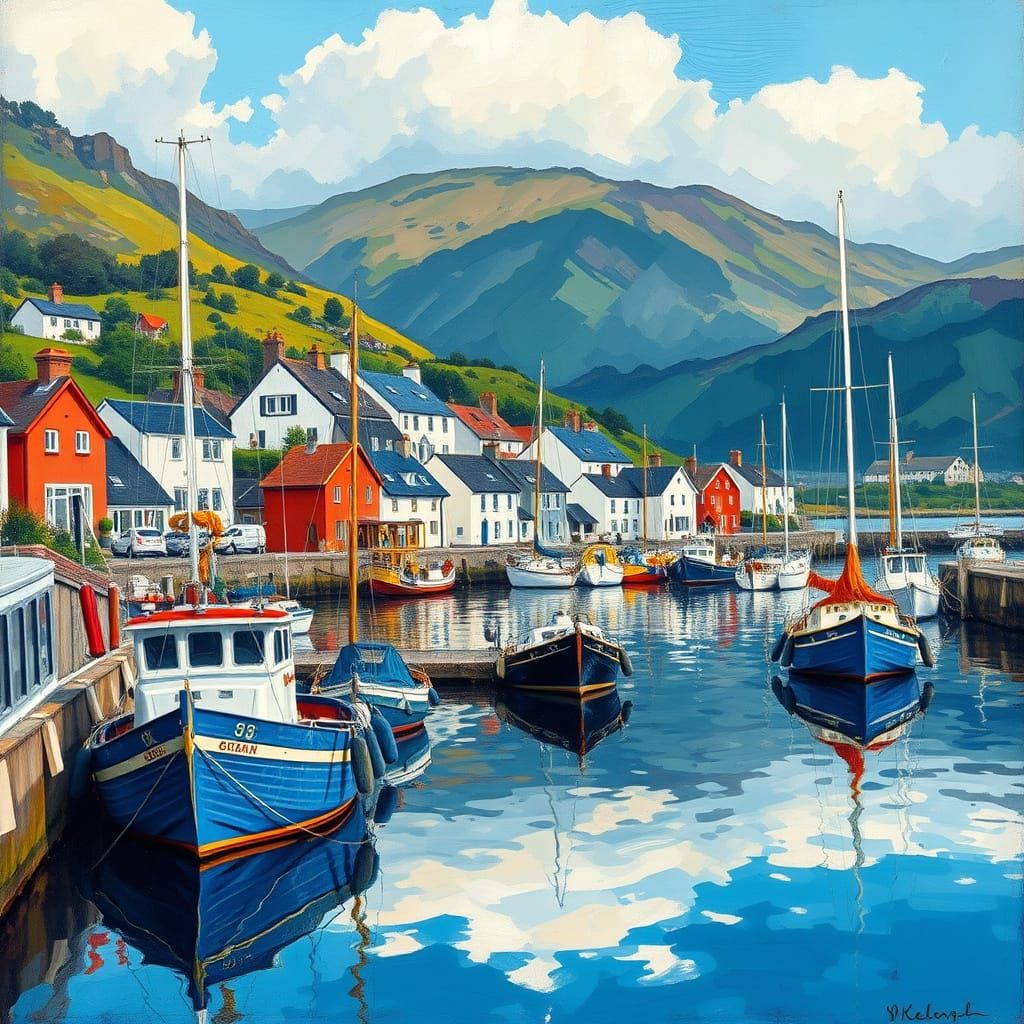 Oban Harbor in Gouache Style with Fishing Boats